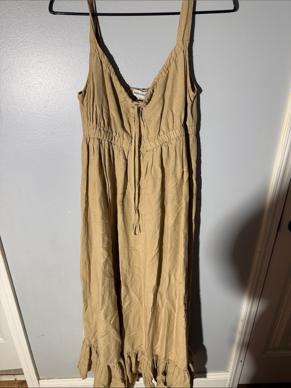 Jessica London Tan Maxi Dress with Tie Waist and Ruffle Hem